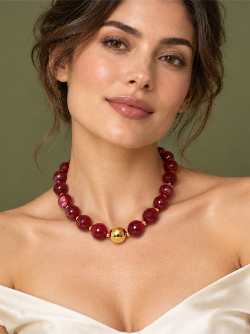 Red Wine Beaded Gold Ball Trendy Necklace